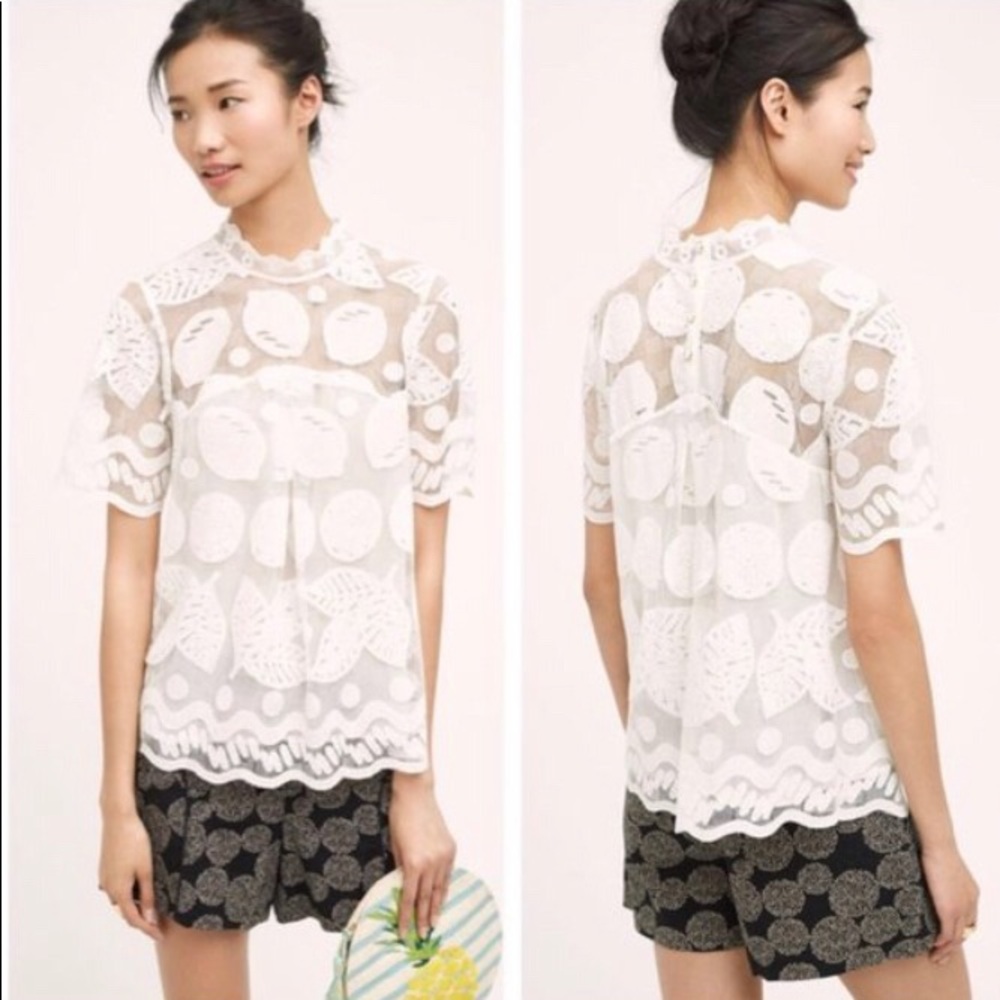 Anthropologie HD in Paris | White Lily Lace Lemon Blouse | Rare Size 14